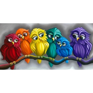 Rainbow Owls- giclee print on stretched canvas by Peter Thaddeus