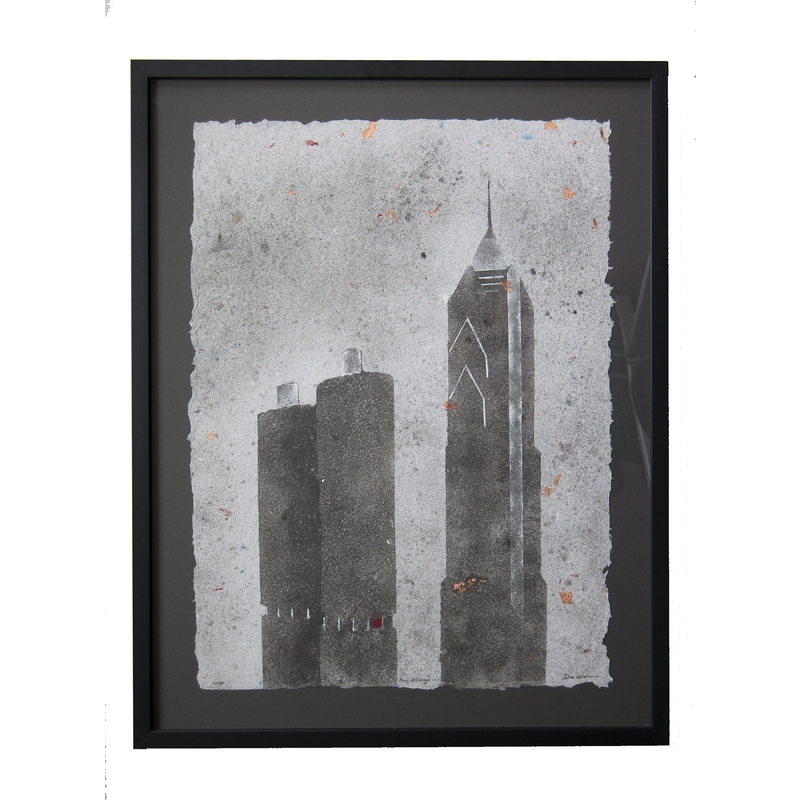 Pieces of Chicago no.1, framed - Marina City and 2 Pru, Chicago skyscrapers on handmade paper (2020), Item no. 323.01 by Don Widmer