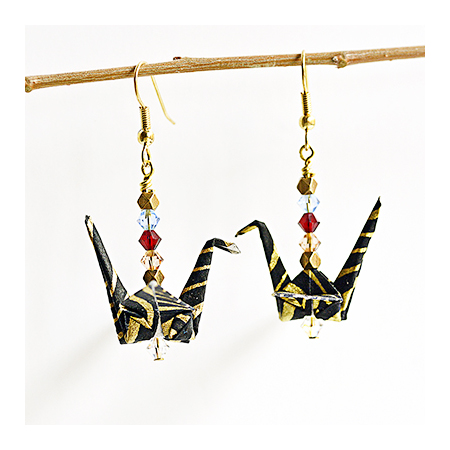 Medium 205b black gold origami crane earrings with colored crystals