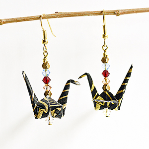 Small 205b black gold origami crane earrings with colored crystals