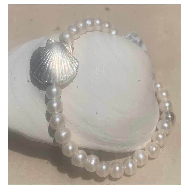 Silver Seashell Scallop in Fine Solid Silver, Freshwater Pearl stretchy Bracelet, Rolls right on! Easy on and off! 7 inch by Jay Andrew Lensink