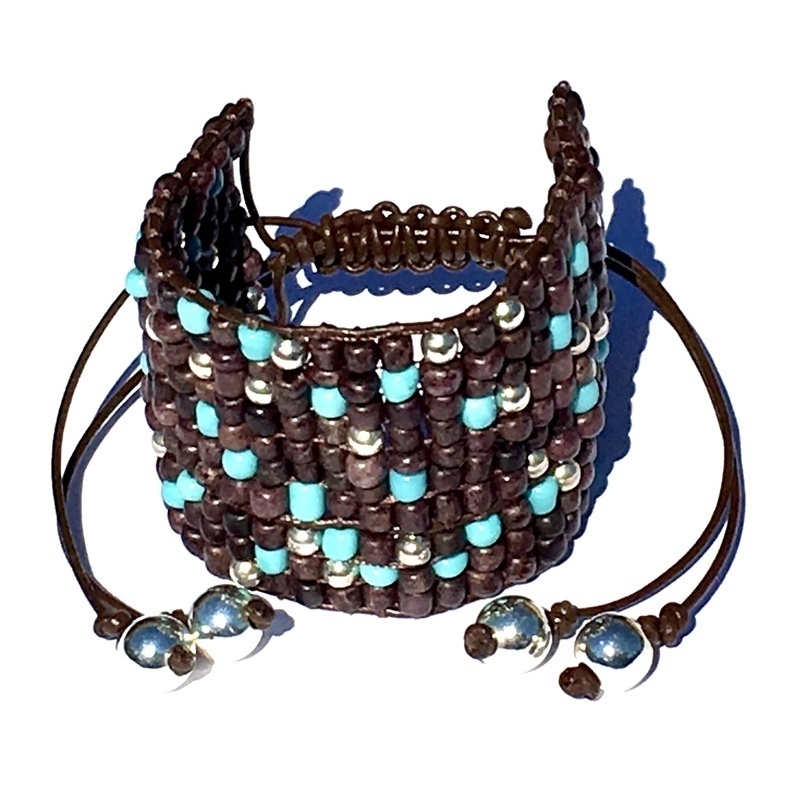 Bracelet Leather Trimmed Cuff Adjustable Length Brown/Turquoise/Silver by Laura Nigro
