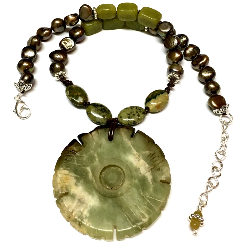 Necklace Hand-Knotted Genuine Fresh Water Pearls & Stone with Stone Pendant by Laura Nigro