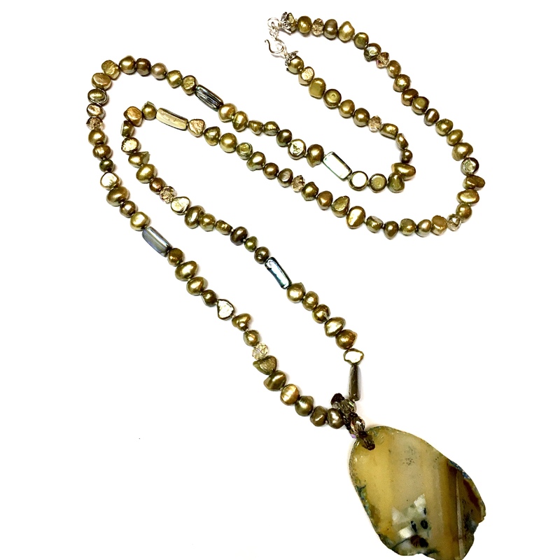 Necklace Hand-Knotted Fresh Water Pearls, Abalone & Crystals With Stone Pendant by Laura Nigro