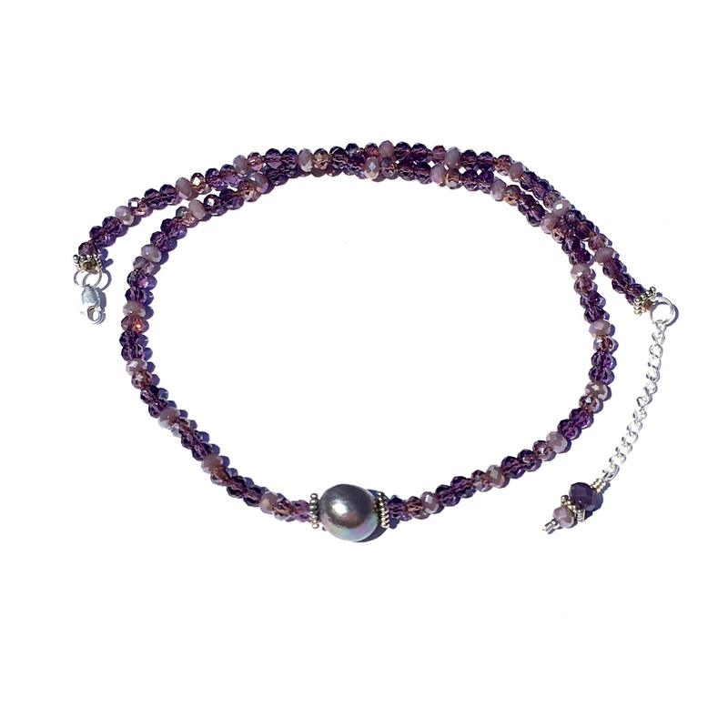 Necklace Hand-Knotted Amethyst Crystals & Center Pearl by Laura Nigro
