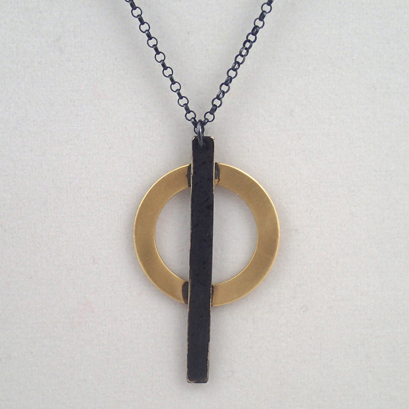 Ring and Bar Necklace in Brass and Oxidized Silver by Lauren Mullaney