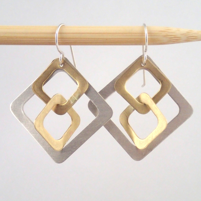 Silver and Brass Windowpane earrings by Lauren Mullaney