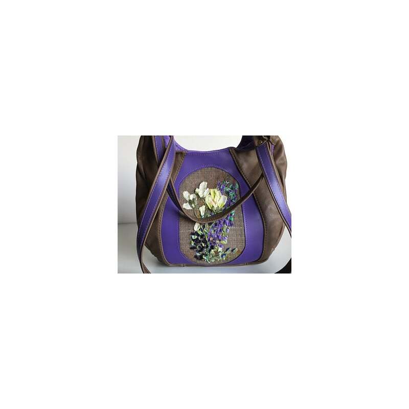Taupe and Purple Leather Messenger with  Ribbon Embroidery by Nazneen Husain