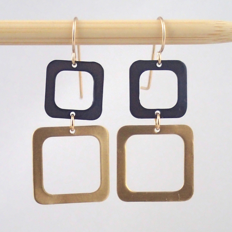 Two Square Earrings in Brass and Oxidized Silver by Lauren Mullaney