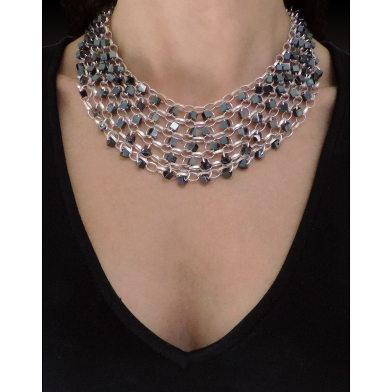 Sterling Silver Chainmail Necklace with Square Hematite Stone Beads, Silver & Gunmetal Toned Statement Necklace by Nicole Parisi May