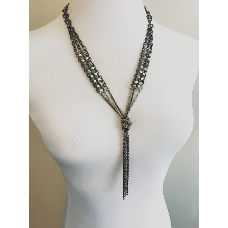 Long Beaded Chainmail Knot Necklace with Gunmetal and Antique Silver Chains and Silver Glass Beads by Nicole Parisi May
