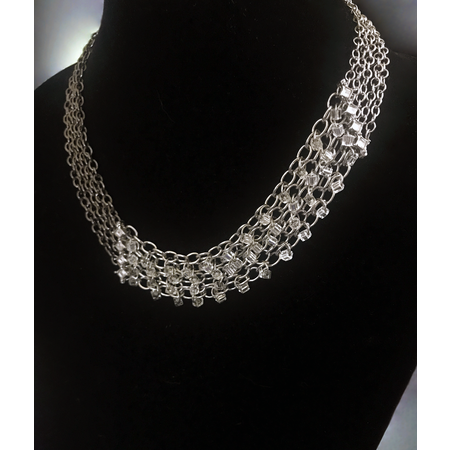 Medium assymetrical 5 row diamond bar small gunmetal and silver chains silver lined beads on black side shot