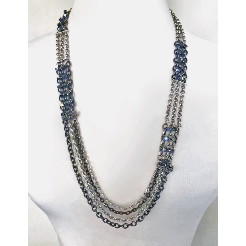 Asymmetrical Long and Layered Chainmail Necklace with Draped Silver and Gunmetal Chains, Steel Chain and Gunmetal Iris Glass Beads by Nicole Parisi May