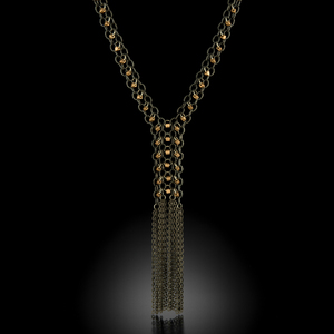 Metallic Gold Beaded Gunmetal Chainmail Fringe Necklace, Long Beaded Necklace, Fringe Jewelry by Nicole Parisi May