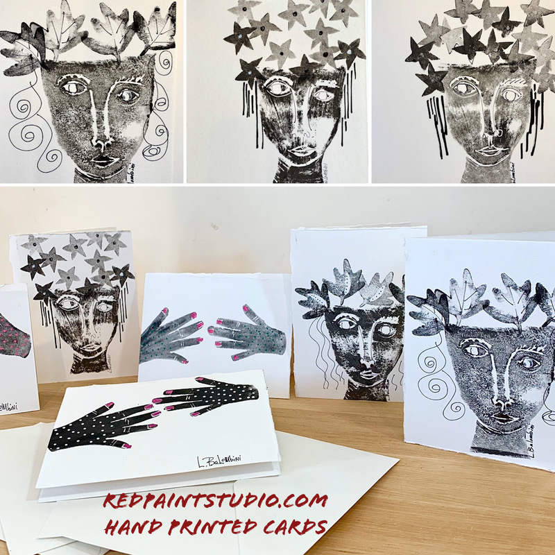 set of 6 block print face notecards  by Laura Balombini