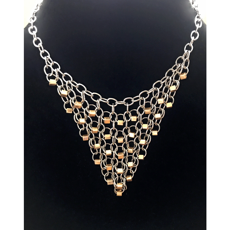 Stainless Steel Beaded Chainmail Triangle Shaped Necklace with Gold Glass Beads, Adjustable Length by Nicole Parisi May
