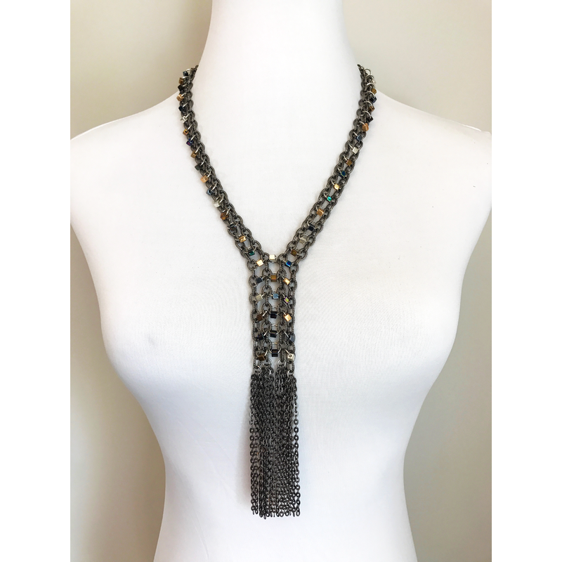 Mixed Metals Long Chainmail Necklace with Beaded Gunmetal Chain and Fringe, Multi-colored Opal Glass Beads by Nicole Parisi May