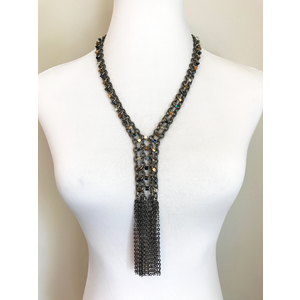Mixed Metals Long Chainmail Necklace with Beaded Gunmetal Chain and Fringe, Multi-colored Opal Glass Beads by Nicole Parisi May