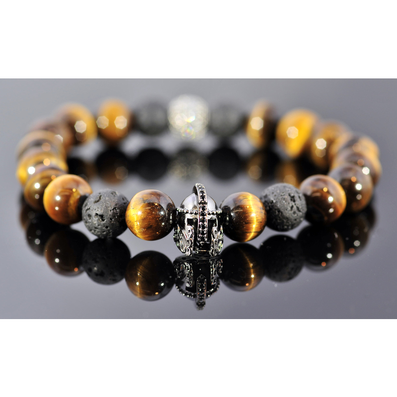 "Spirit Warrior" Tigers Eye Sterling Silver Black Lava Stone Semiprecious Spiritual Healing Beads Mens Crystal Bracelet  by Zsuzsanna Luciano