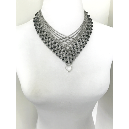 Medium updated black picasso beaded v shaped chainmail necklace with draped chains bodice