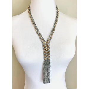 Long Stainless Steel Chainmail Fringe Necklace - Gold Beads on Extra Lightweight Stainless Steel Chain by Nicole Parisi May