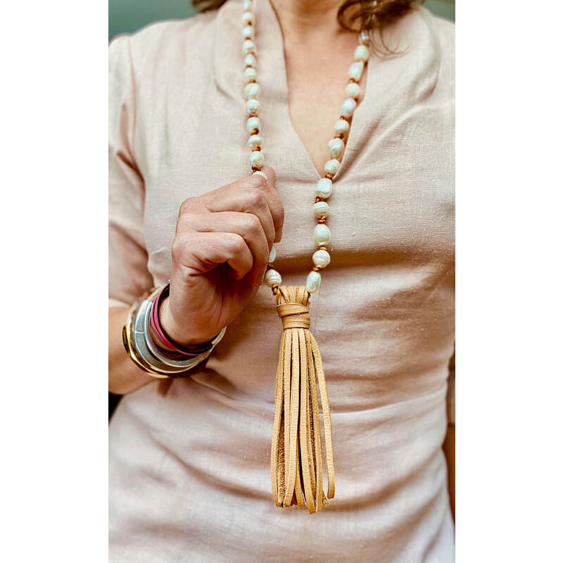 Pearl & Leather Tassel Necklace by Angela Flaviani