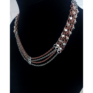 Bright Copper and Stainless Steel Chainmail Statement Necklace, Layered Necklace with Silver Beaded Chains and Circle Bar Accents by Nicole Parisi May