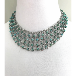  Turquoise Glass Beaded Stainless Steel Chains Statement Necklace, Beaded Chains Necklace, Chainmail Necklace, Adjustable Length by Nicole Parisi May