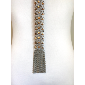 Long Gold on Stainless Steel Chainmail Fringe Necklace, Beaded Chains Necklace, Bright Gold Glass Beads on Layered Stainless Steel Chains, Adjustable Length by Nicole Parisi May