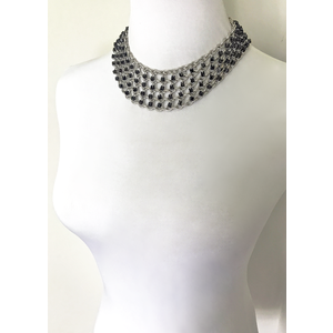 Bright Silver and Black Marble Beaded Chains Statement Necklace, Chainmail Necklace, Choker Style with Adjustable Length by Nicole Parisi May