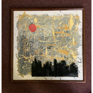 Abstract Yellow and Black City Silhouette 20"X20" Framed Original Art - free shipping by Bob Leopold