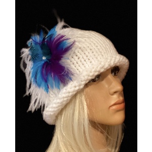 Women’s paper white, rolled brim cloche hat with a decorative feather brooch  by Sherri Gold