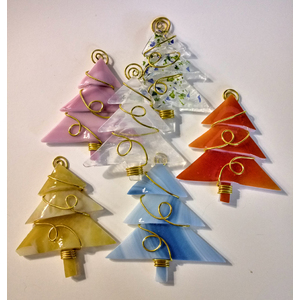Fused Glass Wire Wrapped Pink Christmas Tree Ornament by Kat Huddleston