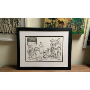 Food On Table - Charcoal & Ink drawing - 18”x24” framed by Bob Leopold