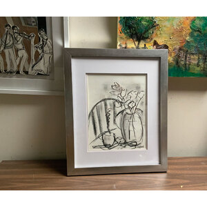 Flowers, Vase, & Chair - 16" X 20" Framed Pen and Charcoal drawing - FREE SHIPPING by Bob Leopold