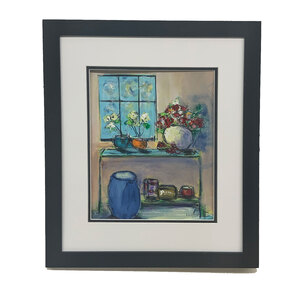 Flowers in Front of Window - Original Painting 16"X20" - FRAMED - free shipping by Bob Leopold