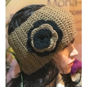 Women’s ear warmer in taupe with a two tone flower by Sherri Gold