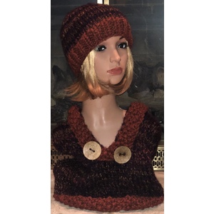 SOLD Women’s two piece set hooded cowl and matching beanie in burned orange and multi by Sherri Gold