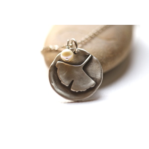 Ginkgo leaf Necklace in sterling silver with freshwater pearl by katherine Sheetz