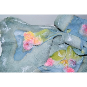 Light turquoise nuno felted roses scarf by Maria Berghauer