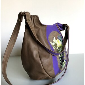 Taupe and Purple Leather Messenger with  Ribbon Embroidery by Nazneen Husain
