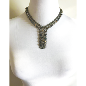 Mixed Metals Beaded Chainmail Y-Shaped Necklace, Multicolored Metallic Glass Beads on Textured Sparkling Gunmetal Chain  by Nicole Parisi May