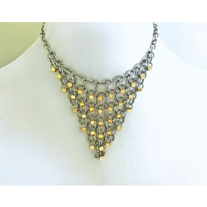 Stainless Steel Beaded Chainmail Triangle Shaped Necklace with Gold Glass Beads, Adjustable Length by Nicole Parisi May