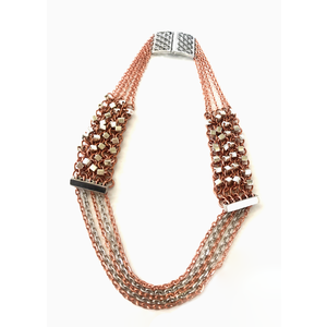 Bright Copper and Silver Beaded Chainmail Multi-Strand Necklace, Layered Chains with Metallic Silver Glass Beads, Adjustable Length by Nicole Parisi May