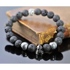 "Spirit Warrior" Sterling Silver Black Lava Stone Silver Agate Semiprecious Spiritual Healing Beads Mens Crystal Bracelet  by Zsuzsanna Luciano