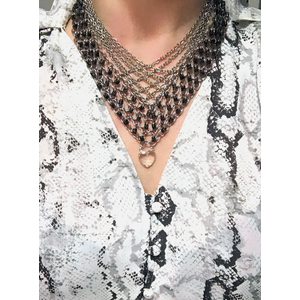 V Shaped Stainless Steel Beaded Chainmail Necklace with Draped Chains, Beaded Chains with Gray Black Marble Beads and Crystal Quartz in Sterling Silver Pendant by Nicole Parisi May